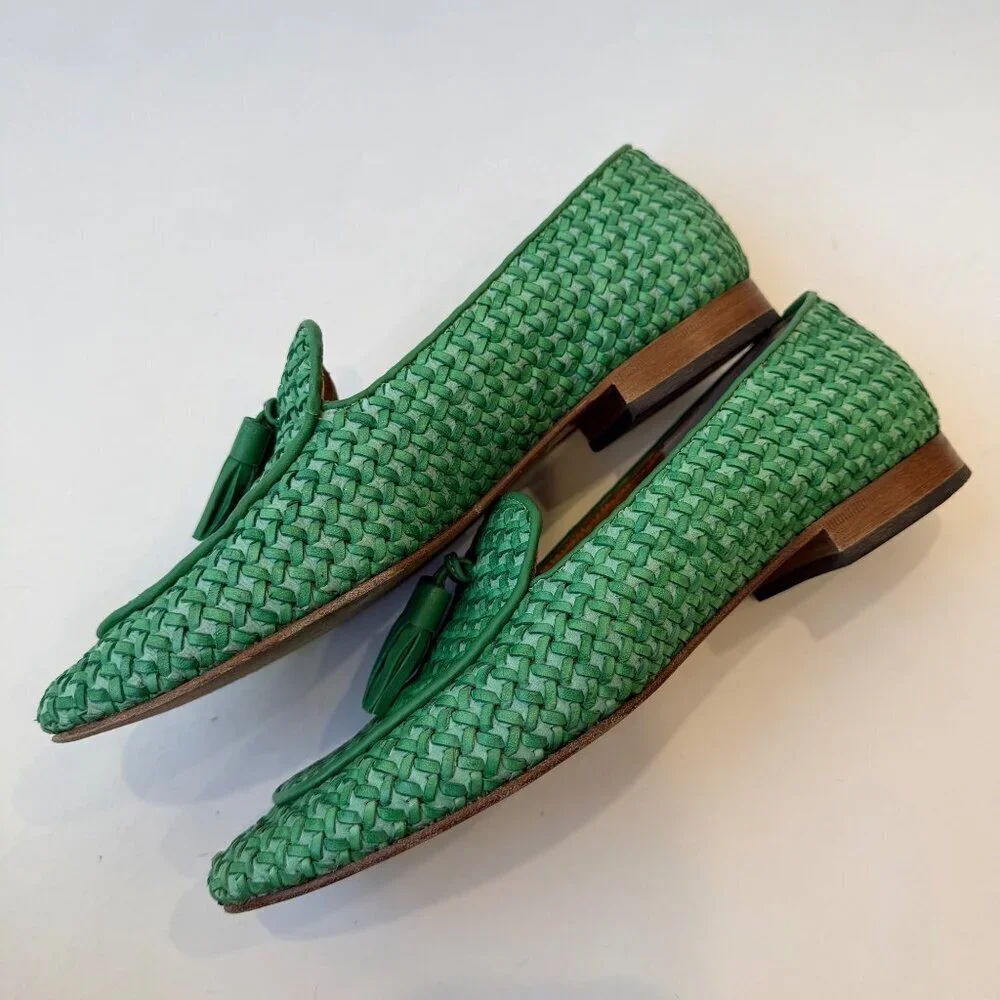 Ann Marshburn Woven Leather Tassel Loafers Green Size 40